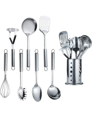 Berglander Stainless Steel Kitchen Utensil 7 Piece with 1 Stand, Slotted Tuner, Ladle, Skimmer, Serving Spoon, Pasta Server,Potato Maseher, Egg Whisk. Kitchen Tool Set. Kitchenware with Holder.